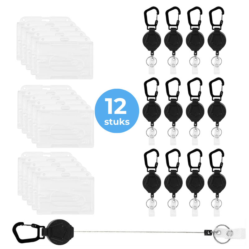 Heavy Duty Badgehouder/ Sleutelhanger met Trekkoord - 220 Gram Draaggewicht - 12 sets - Combibadge